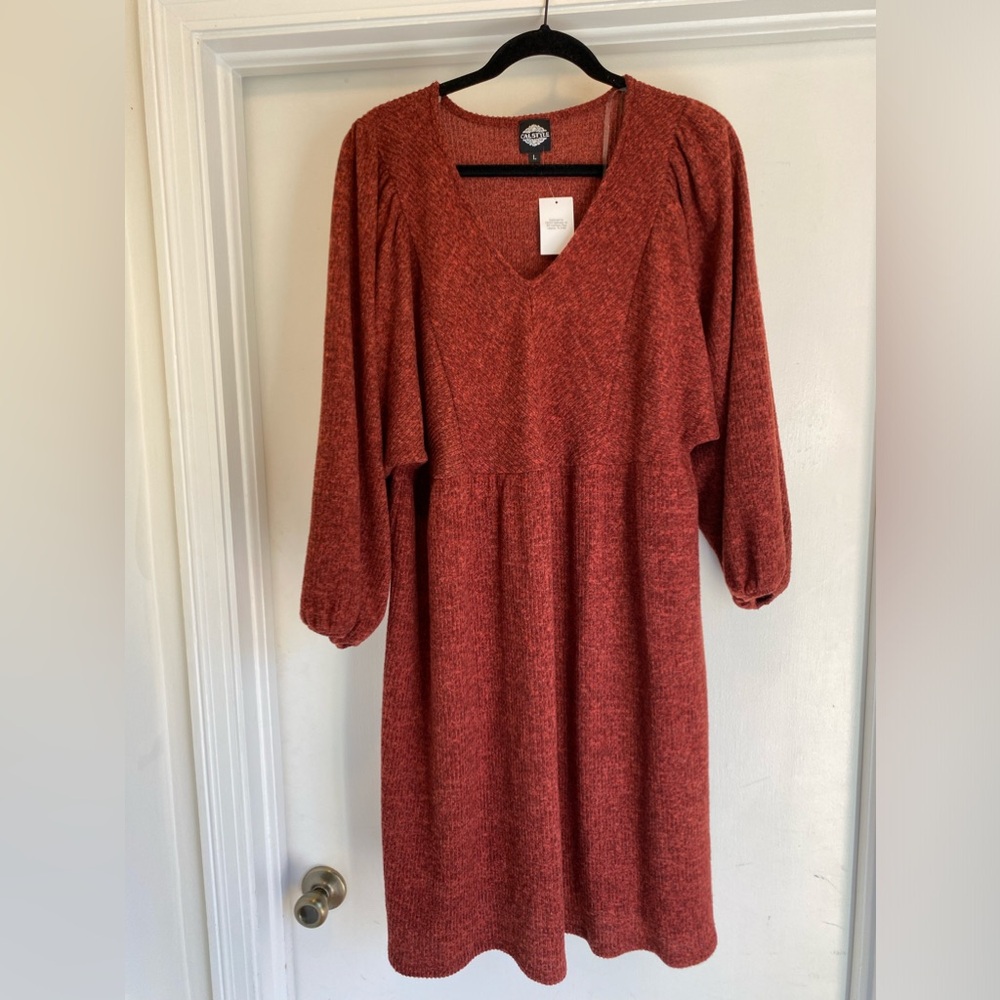 NWT Calstyle Rust Boho Fall Balloon Sleeve sweater dress size Large